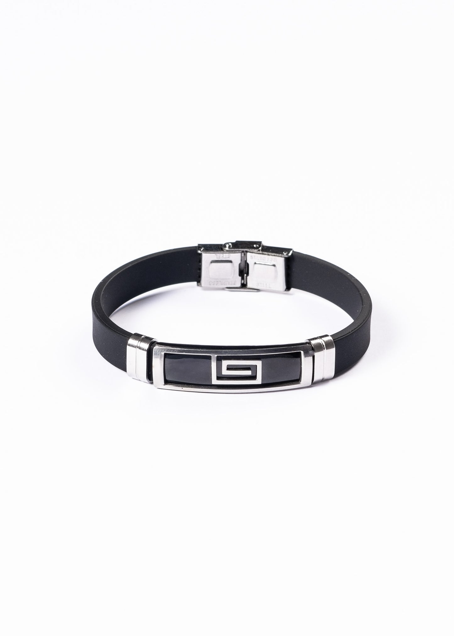 Pulsera malla goma negra guarda griega - Acero inoxidable