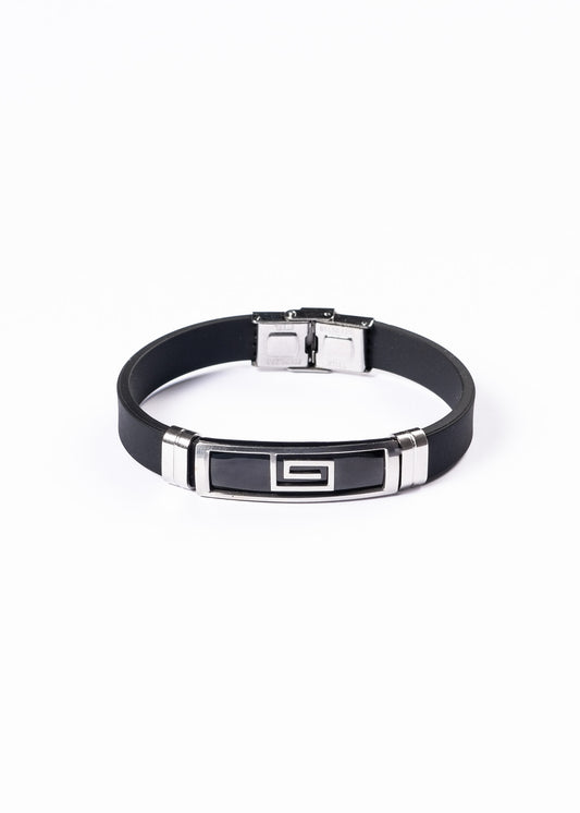 Pulsera malla goma negra guarda griega - Acero inoxidable