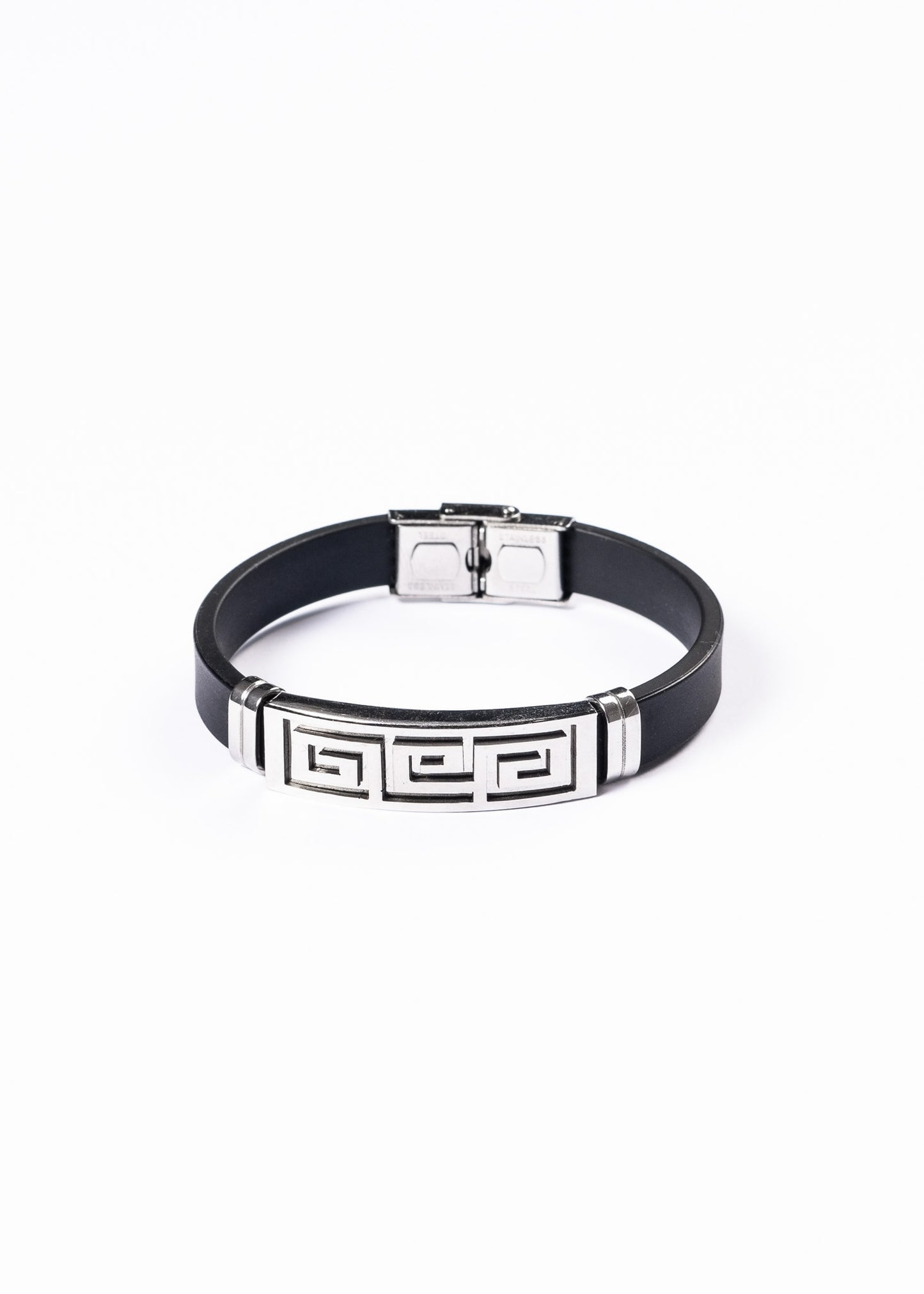 Pulsera malla goma negra labrado guarda griega - Acero inoxidable