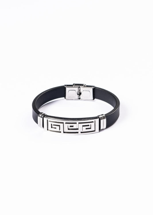 Pulsera malla goma negra labrado guarda griega - Acero inoxidable