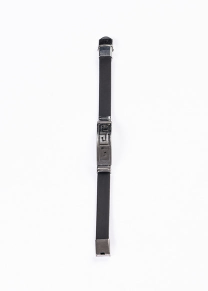 Pulsera malla goma negra labrado guarda griega - Acero inoxidable