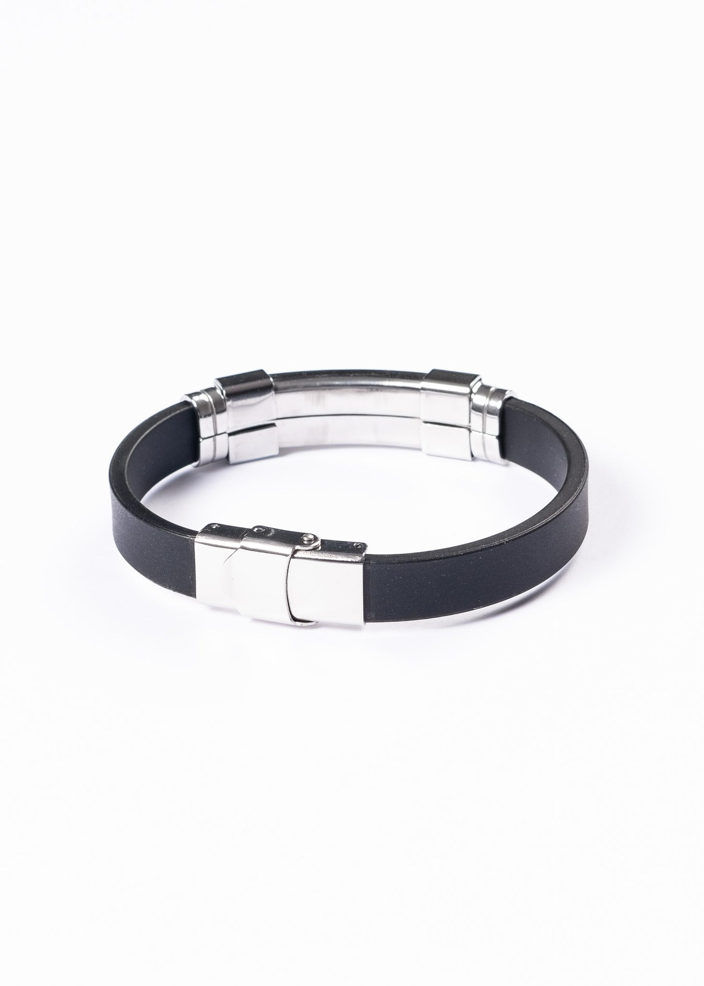 Pulsera malla goma negra labrada G. Griega - Acero inoxidable