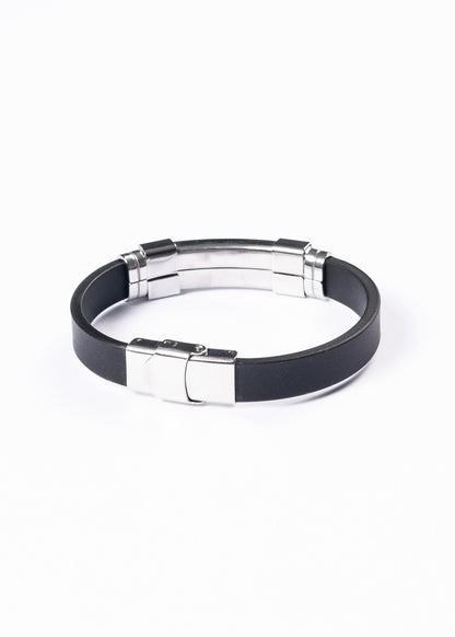 Pulsera malla goma negra labrada G. Griega - Acero inoxidable