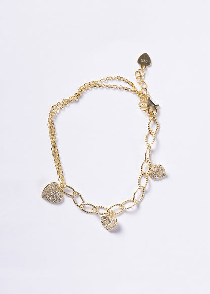 Pulsera combinada con dijes corazones zirconias Plata 925 & Baño en oro 18k