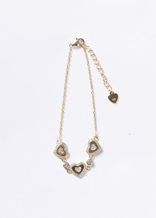 Pulsera forcé tres corazones y puntos luz Plata 925 & Baño en oro 18k