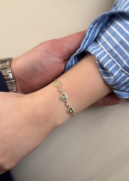 Pulsera forcé tres corazones y puntos luz Plata 925 & Baño en oro 18k