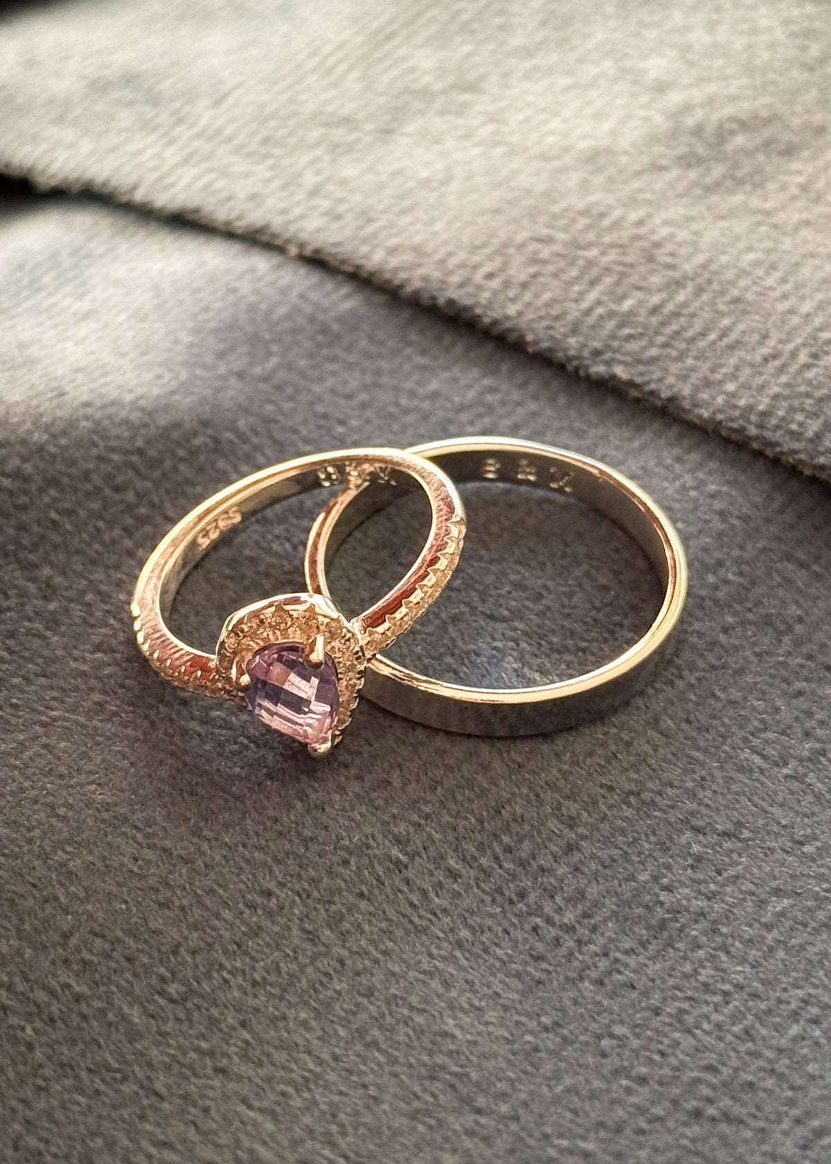 Set Anillo Gota Violeta + alianza cinta 3mm Plata 925 & Zirconias - Parejas