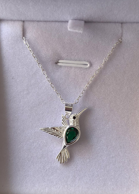 Cadena collar dije colibrí grande zirconia verde plata 925